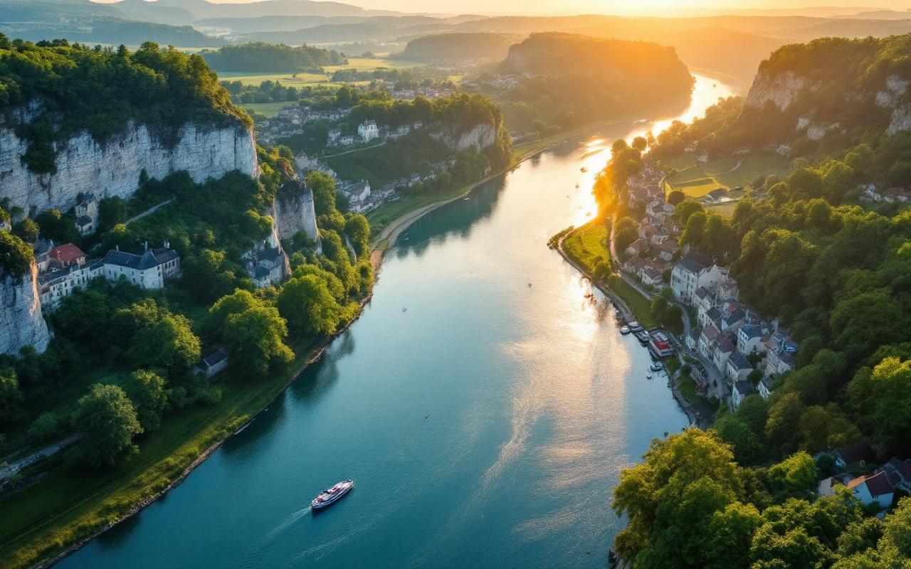 Vue aérienne de la Seine près de La Roche-Guyon : rivière sinueuse entre falaises calcaires et berges verdoyantes, village et château au bord de l'eau, quelques embarcations, ciel de coucher de soleil aux tons dorés et bleus, lumière douce créant des reflets brillants sur l'eau.